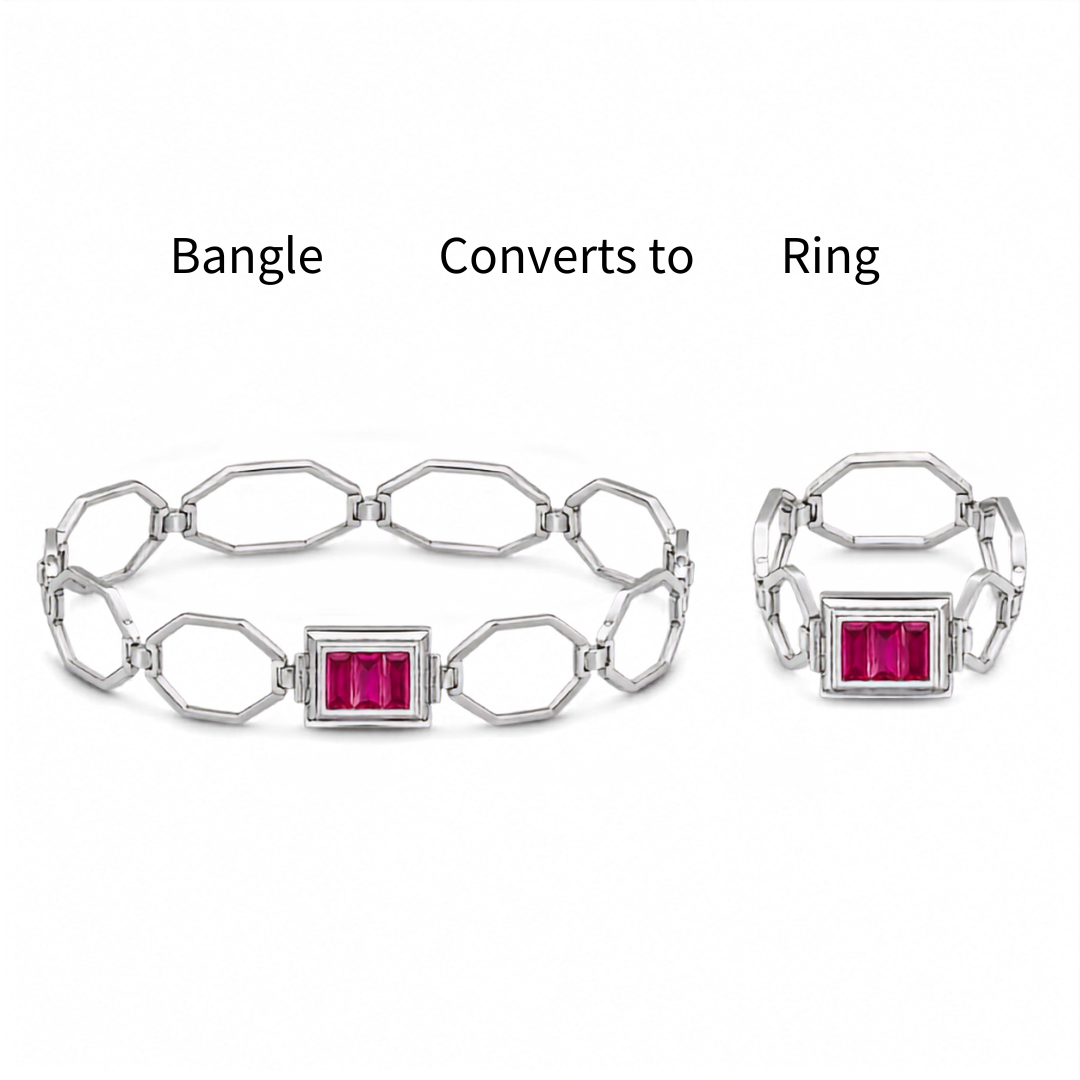 2-in-1 Convertible Silver Bangle Ring with Red Stone for Women