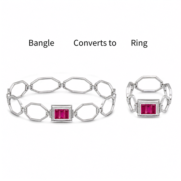 2-in-1 Convertible Silver Bangle Ring with Red Stone for Women