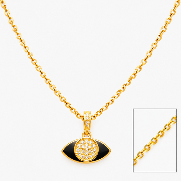 Gold evil eye pendant necklace with black and sparkling stone details