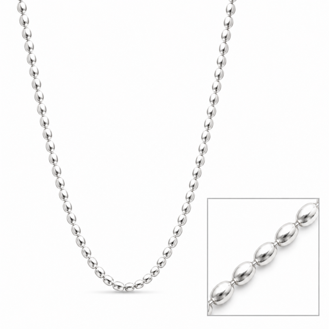 Silver bead chain necklace with oval bead detailing