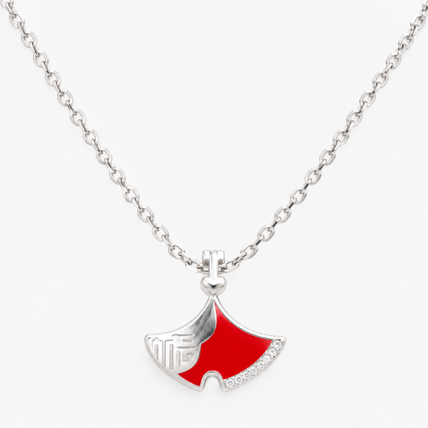 Silver red fan pendant necklace with sparkling stone detailing